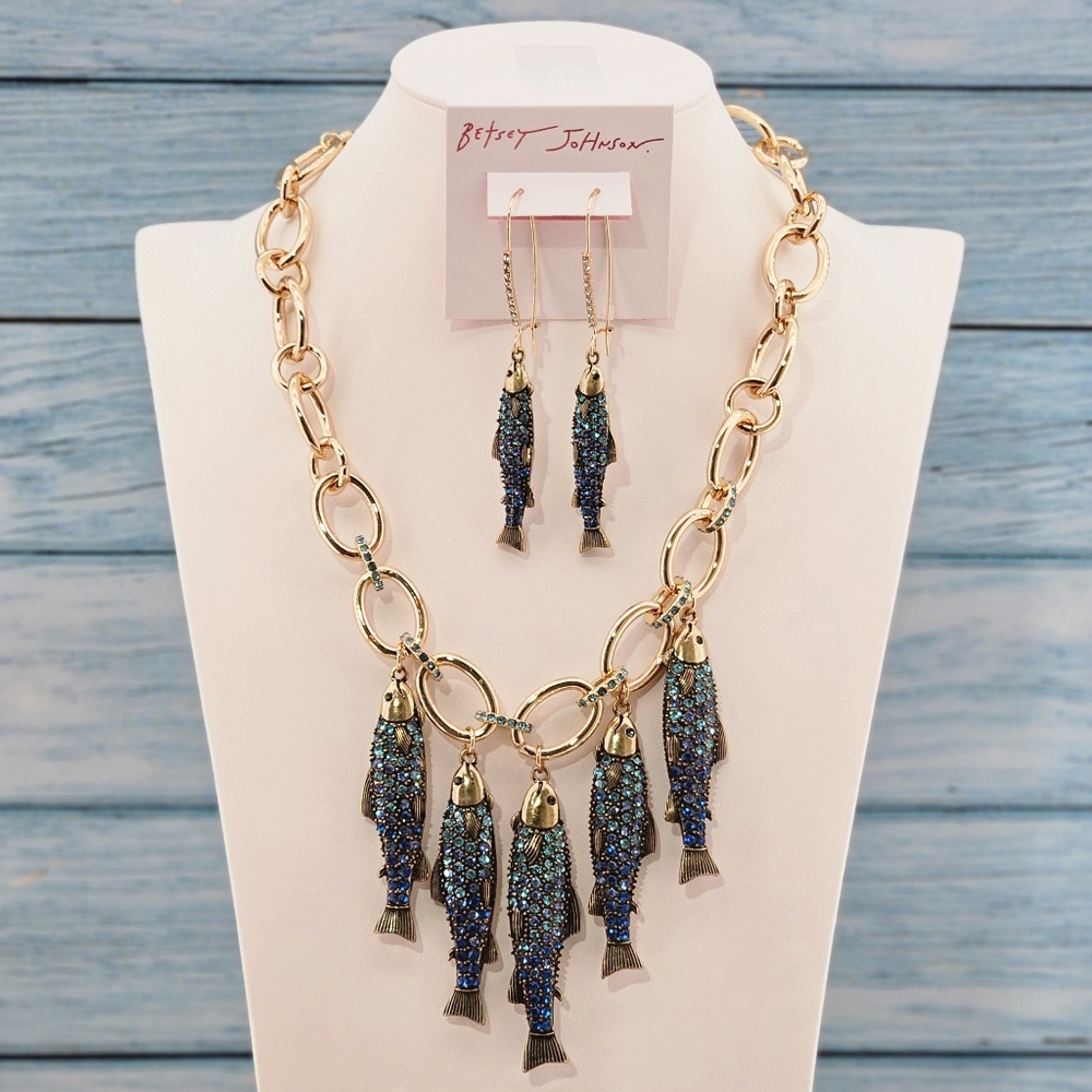 Betsey Johnson Necklace & Earrings Set Mermaid Jewels Sardines Fish Beach Gift